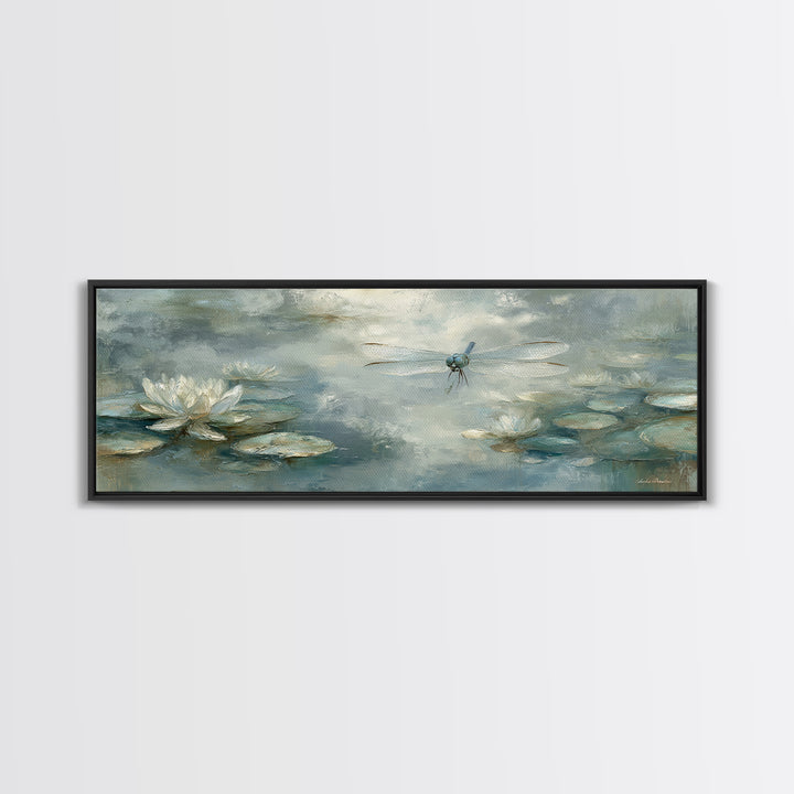 Delicate Dragonfly Above a Pond Surface Framed Canvas Print, Bathroom Art, Statement Artwork, Bathroom Decor, Fine Art, Spa, BAT-3x1-64