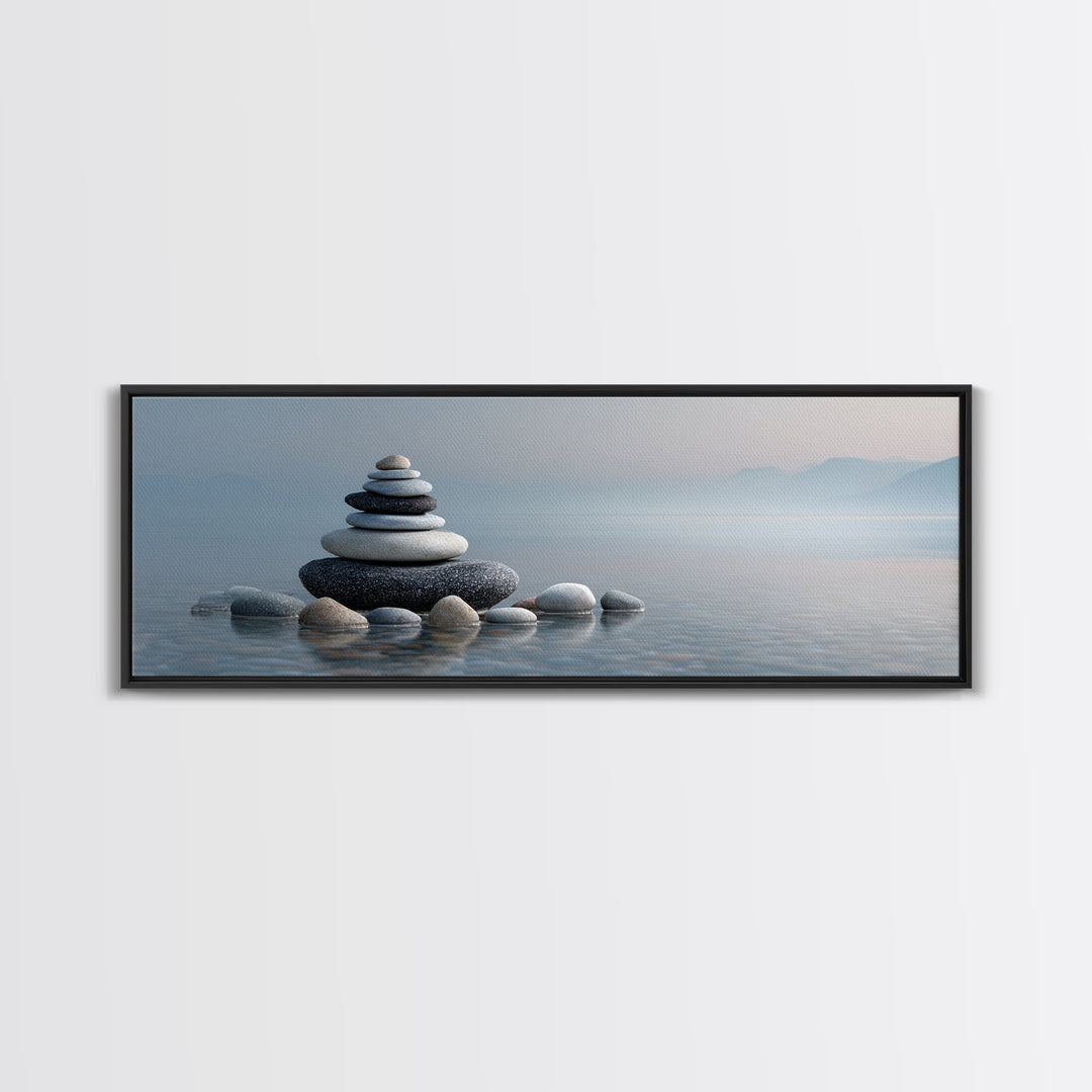 Monochrome Pebble Stack Framed Canvas Print, Bathroom Art, Canvas Wall Art, Bathroom Decor, Fine Art, Spa, Bathroom Wallpaper, BAT-3x1-77