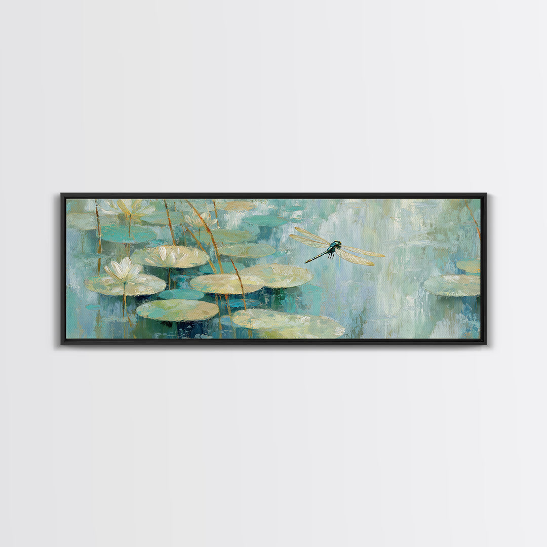 Delicate Dragonfly Above a Pond Surface Canvas Print, Bathroom Art, Textured Painting, Bathroom Decor, Oil Painting, Spa, BAT-3x1-88