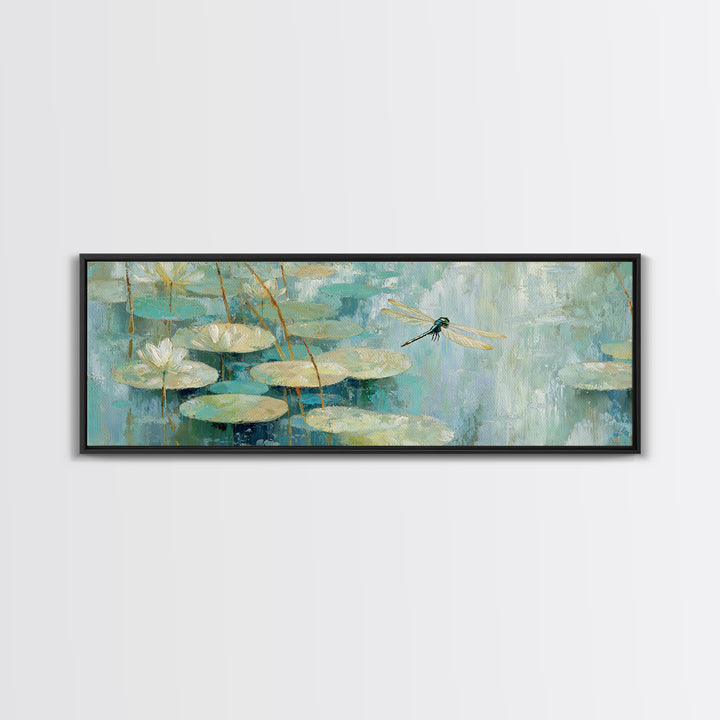Delicate Dragonfly Above a Pond Surface Canvas Print, Bathroom Art, Textured Painting, Bathroom Decor, Oil Painting, Spa, BAT-3x1-88