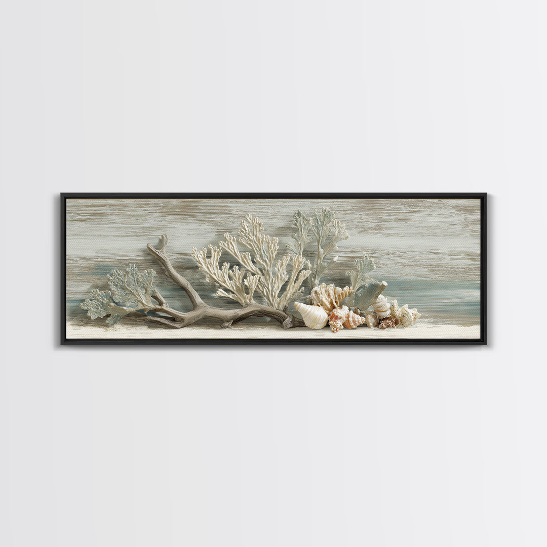 Coral and Shell Arrangement Framed Canvas Print, Bathroom Art, Wall Decor, Bathroom Decor, Fine Art, Spa, Contemporary Art, BAT-3x1-99