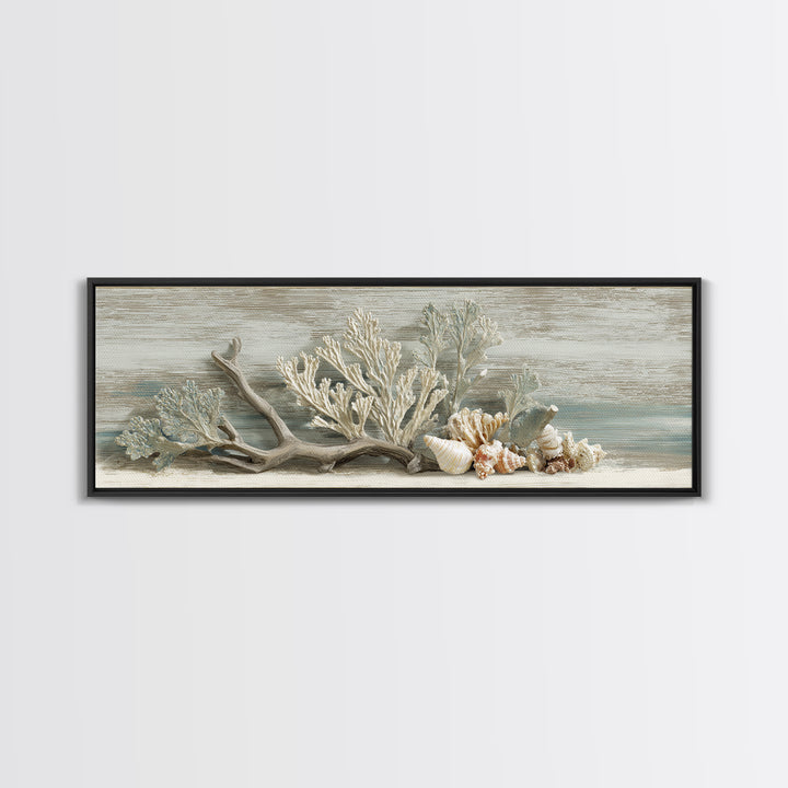 Coral and Shell Arrangement Framed Canvas Print, Bathroom Art, Wall Decor, Bathroom Decor, Fine Art, Spa, Contemporary Art, BAT-3x1-99