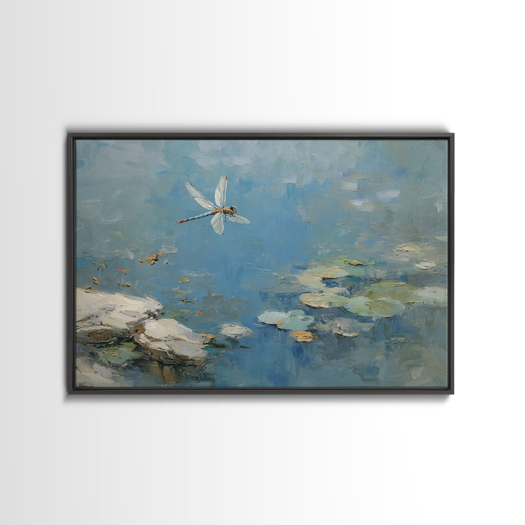 Delicate Dragonfly Above a Pond Surface Framed Canvas Print, Bathroom Art, Bathroom Art Decor, Bathroom Decor, Oil Painting, BAT-3x2-100