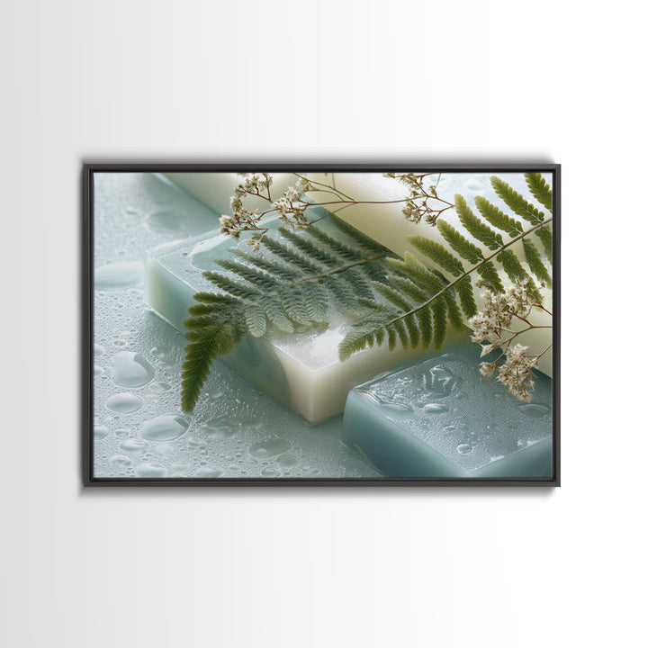 Green Fern Frond Closeup Framed Canvas Print, Bathroom Art, Home Decor, Bathroom Decor, Fine Art, Spa, Canvas Wall Art, BAT-3x2-14