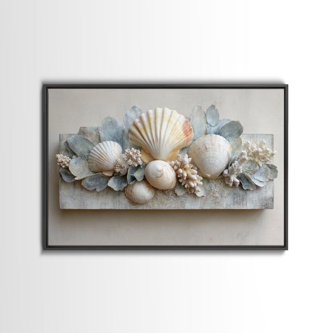 Coral and Shell Arrangement Framed Canvas Print, Bathroom Art, Minimalist Decor, Bathroom Decor, Fine Art, Spa, Wall Hanging, BAT-3x2-15