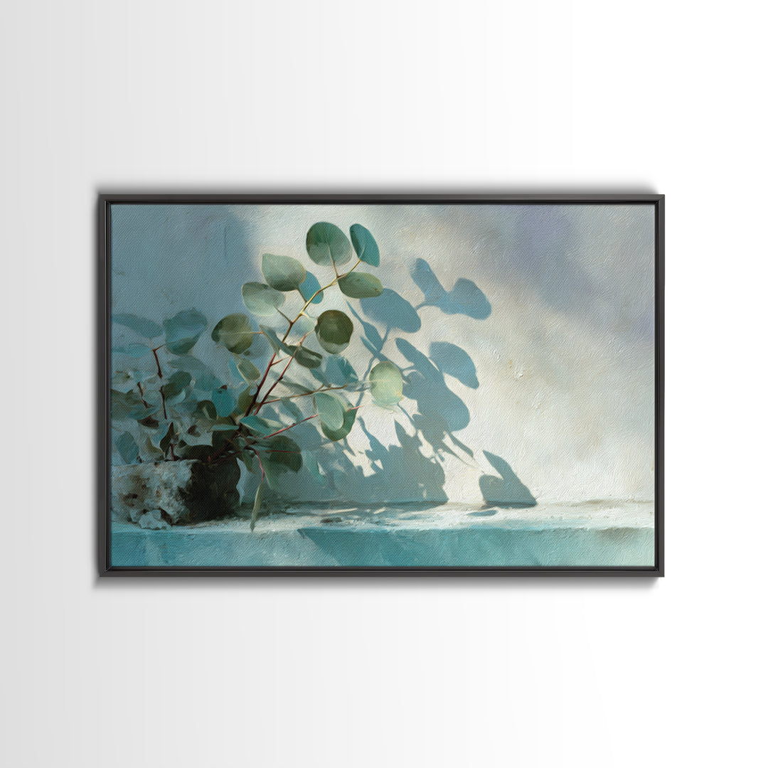 Sunlit Window Plant Shadow on Plaster Canvas Print, Bathroom Art, Digital Art, Bathroom Decor, Oil Painting, Spa, BAT-3x2-22