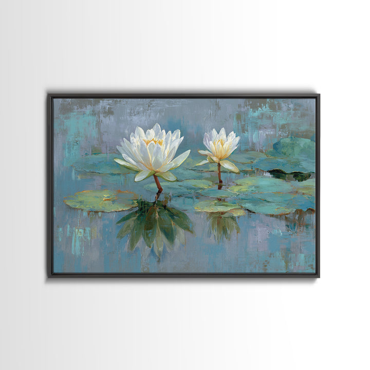Lotus Flower Floating on Calm Water Framed Canvas Print, Bathroom Art, Digital Wall Art, Bathroom Decor, Fine Art, Spa, BAT-3x2-24