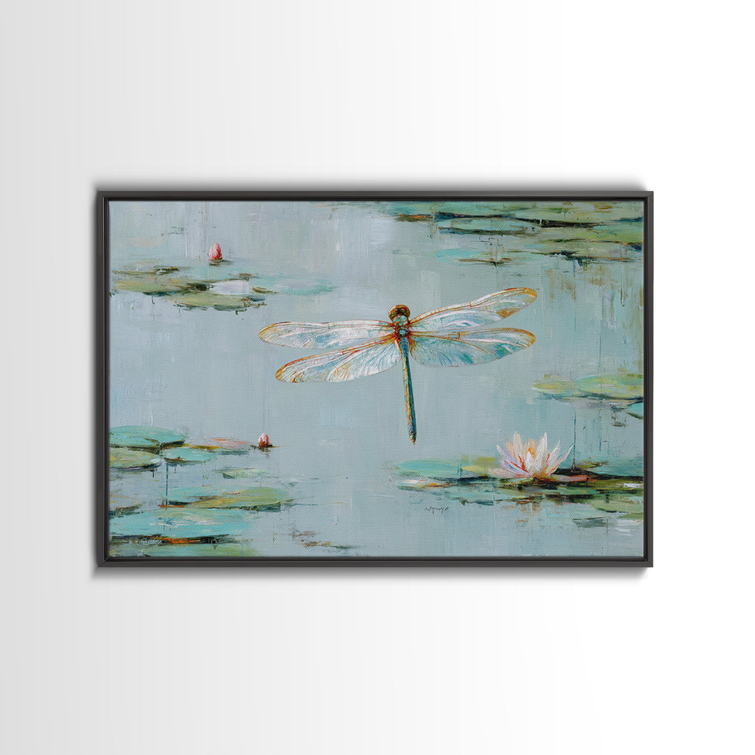 Delicate Dragonfly Above a Pond Surface Framed Canvas Print, Bathroom Art, Home Decor, Bathroom Decor, Fine Art, Spa, BAT-3x2-28