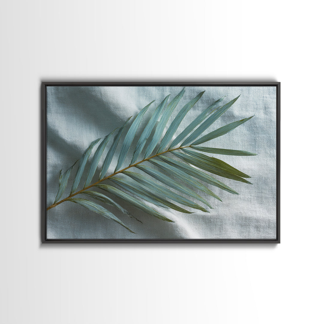 Simple Palm Frond on Off White Linen Canvas Print, Bathroom Art, Poster, Bathroom Decor, Abstract Art, Spa, Digital Print, BAT-3x2-3