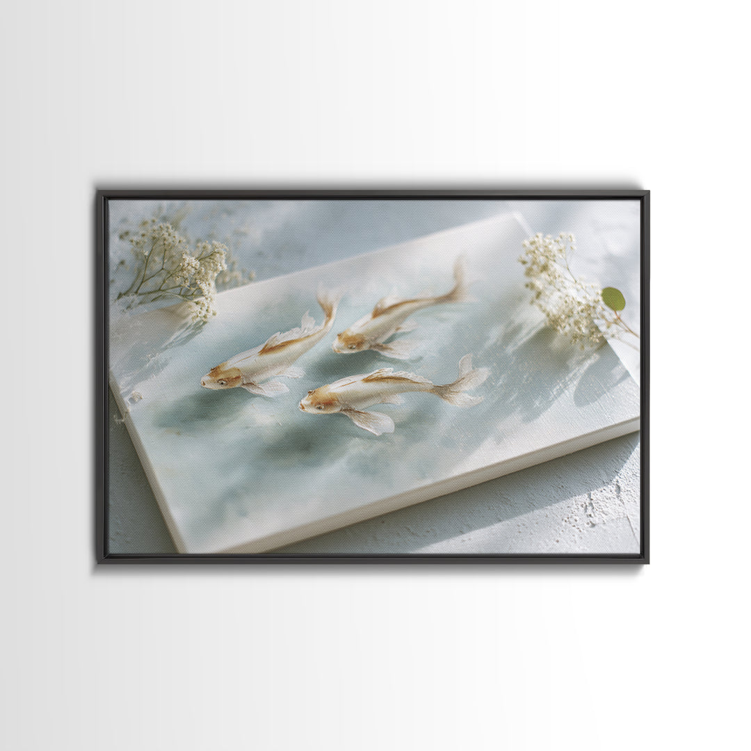 Minimal Koi Fish Swimming Through Clear Water Framed Canvas Print, Bathroom Art, Bathroom Wall Art, Bathroom Decor, Spa, BAT-3x2-36