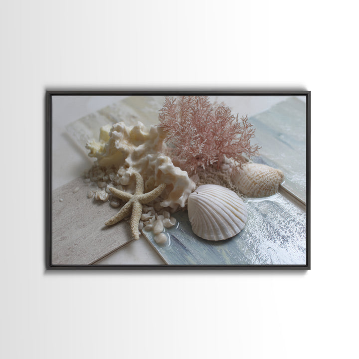 Coral and Shell Arrangement Framed Canvas Print, Bathroom Art, Retro Wall Art, Bathroom Decor, Fine Art, Spa, Modern Decor, BAT-3x2-39