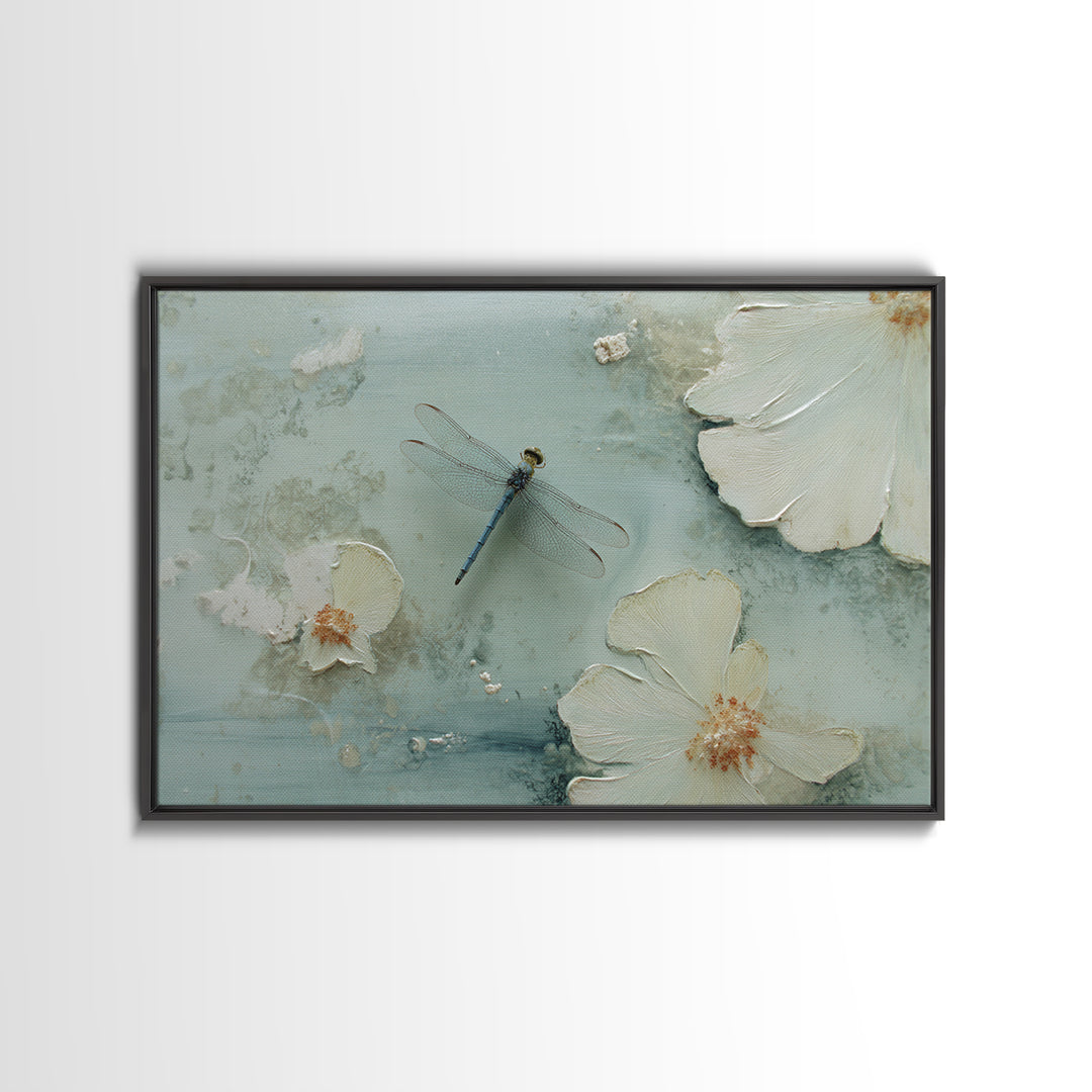 Delicate Dragonfly Above a Pond Surface Canvas Print, Bathroom Art, Room Decor, Bathroom Decor, Oil Painting, Spa, BAT-3x2-4