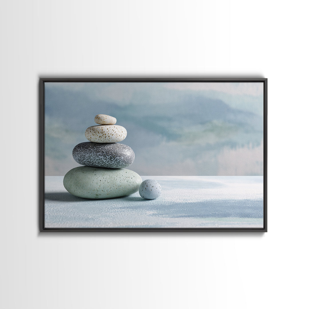 Monochrome Pebble Stack Framed Canvas Print, Bathroom Art, Bathroom Decor, Watercolor Art, Spa, Funny Bathroom Art, BAT-3x2-41