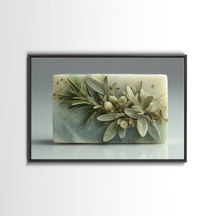 Botanical Bath Herb Arrangement Framed Canvas Print, Bathroom Art, Dopamine Decor, Bathroom Decor, Fine Art, Spa, Halloween Art, BAT-3x2-45
