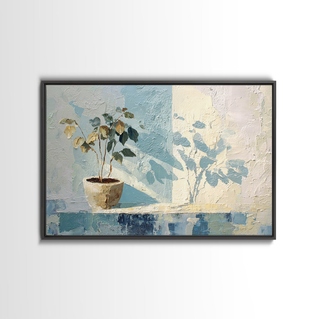 Sunlit Window Plant Shadow on Plaster Framed Canvas Print, Bathroom Art, Bathroom Wall Art, Bathroom Decor, Fine Art, Spa, BAT-3x2-46