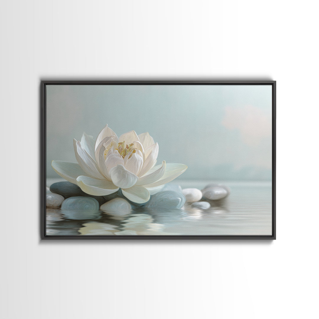 Lotus Flower Floating on Calm Water Canvas Print, Bathroom Art, Framed Wall Art, Bathroom Decor, Spa, Bathroom Art Decor, BAT-3x2-48