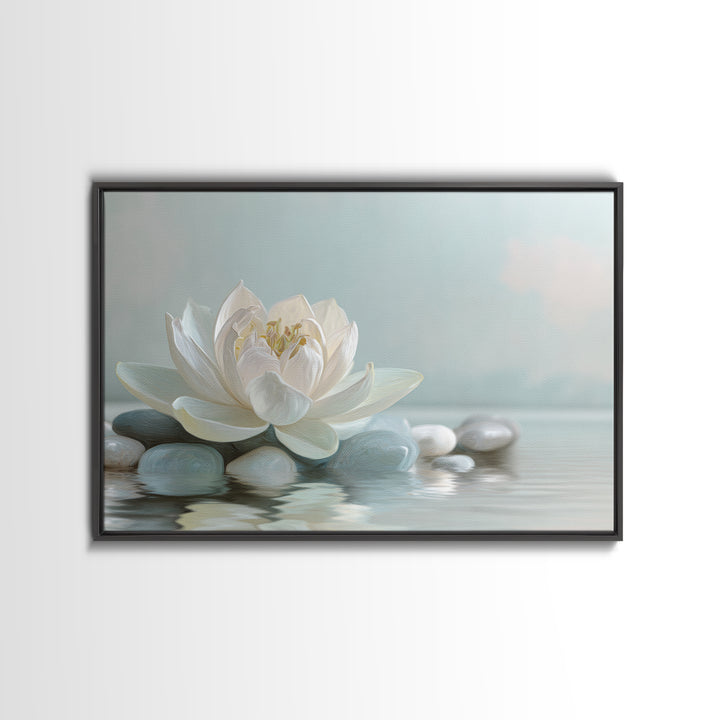 Lotus Flower Floating on Calm Water Canvas Print, Bathroom Art, Framed Wall Art, Bathroom Decor, Spa, Bathroom Art Decor, BAT-3x2-48