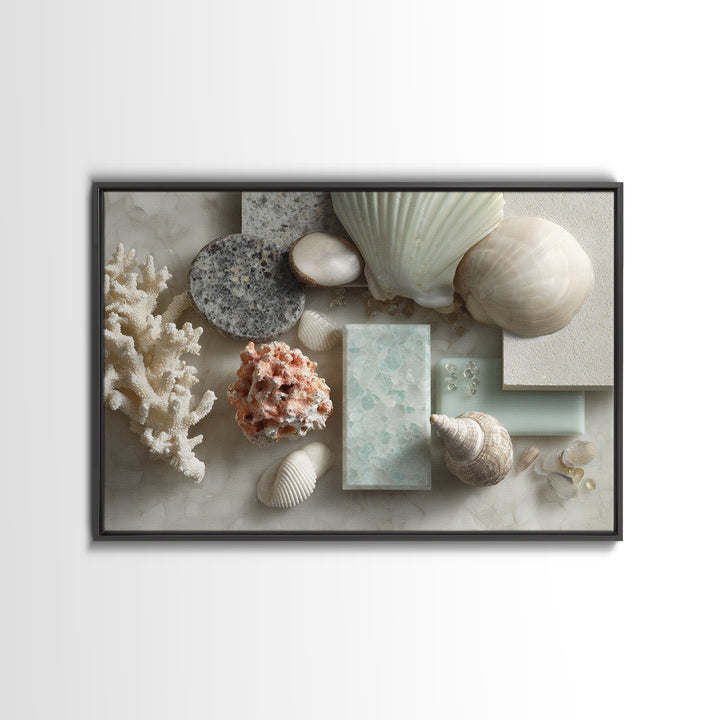 Coral and Shell Arrangement Framed Canvas Print, Bathroom Art, Contemporary Art, Bathroom Decor, Fine Art, Spa, Framed Wall Art, BAT-3x2-63