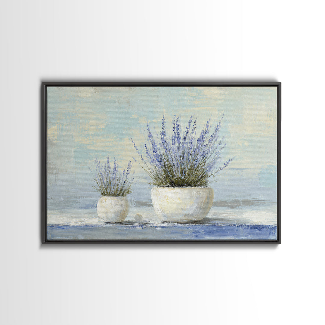 Lavender Sprigs in a Ceramic Vase Framed Canvas Print, Bathroom Art, Retro Wall Art, Bathroom Decor, Abstract Art, Spa, BAT-3x2-64