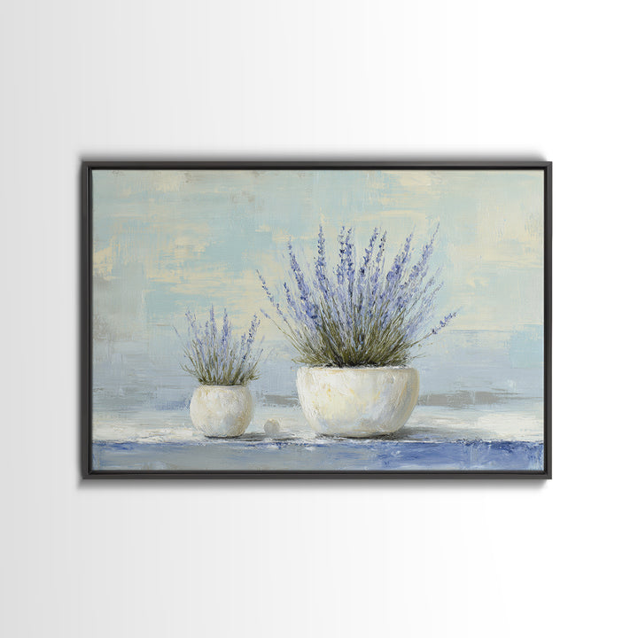 Lavender Sprigs in a Ceramic Vase Framed Canvas Print, Bathroom Art, Retro Wall Art, Bathroom Decor, Abstract Art, Spa, BAT-3x2-64