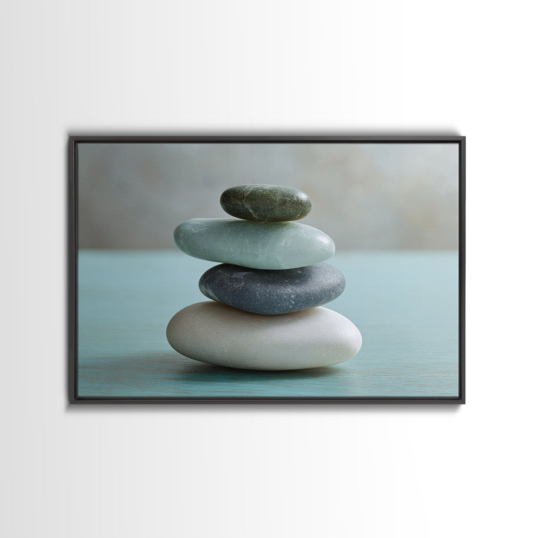 Monochrome Pebble Stack Framed Canvas Print, Bathroom Art, Bathroom Decor, Watercolor Art, Spa, Funny Bathroom Art, BAT-3x2-65