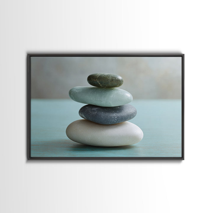 Monochrome Pebble Stack Framed Canvas Print, Bathroom Art, Bathroom Decor, Watercolor Art, Spa, Funny Bathroom Art, BAT-3x2-65