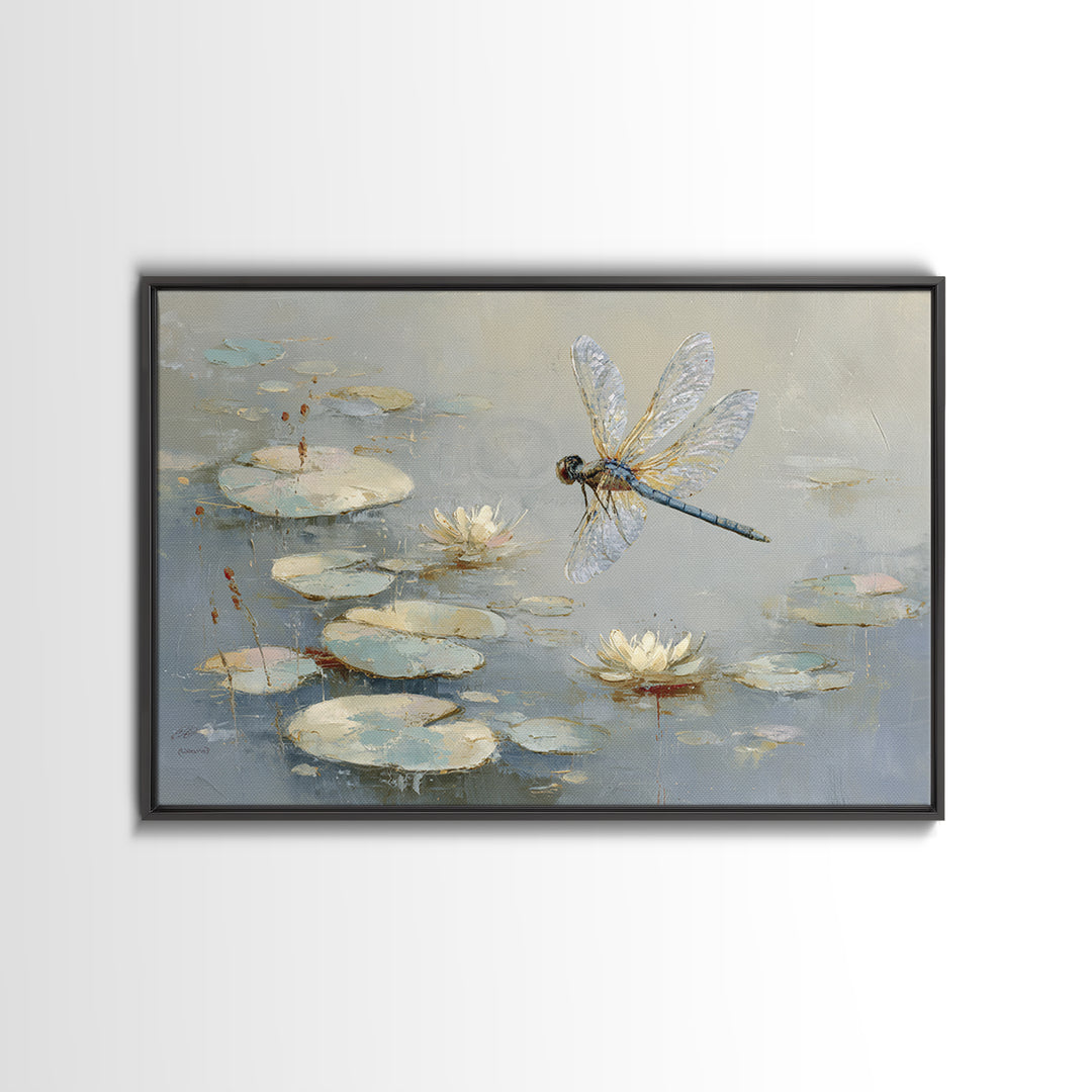 Delicate Dragonfly Above a Pond Surface Canvas Print, Bathroom Art, Unique Wall Art, Bathroom Decor, Spa, Gallery Decor, BAT-3x2-76