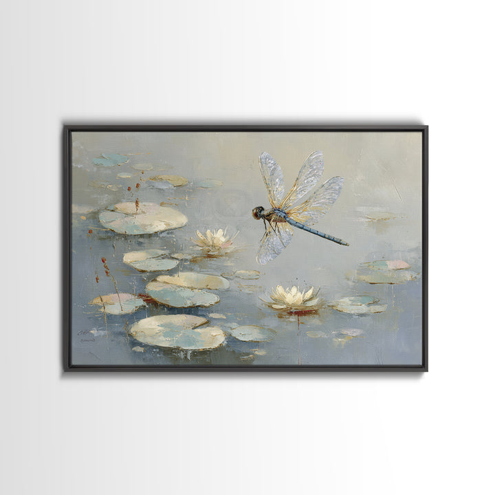 Delicate Dragonfly Above a Pond Surface Canvas Print, Bathroom Art, Unique Wall Art, Bathroom Decor, Spa, Gallery Decor, BAT-3x2-76