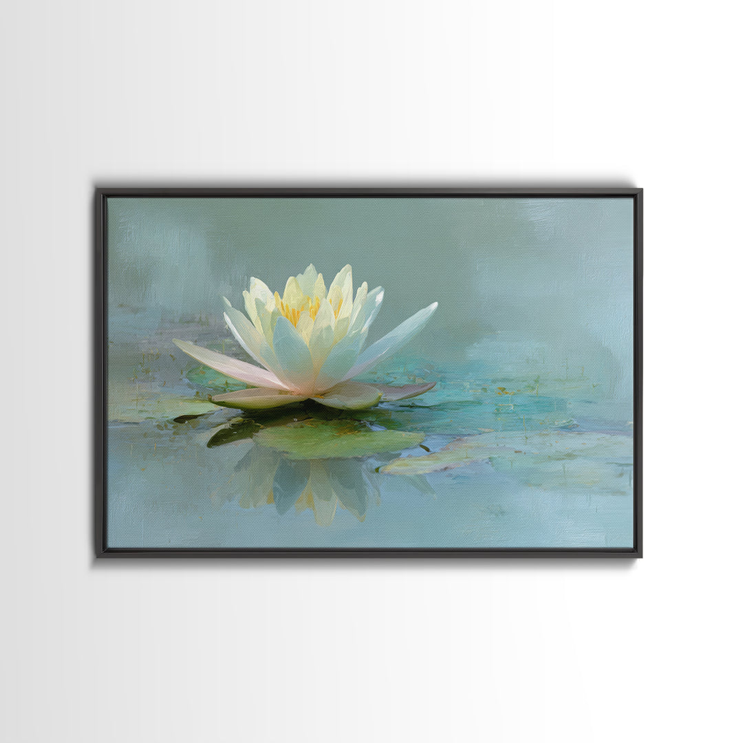 Lotus Flower Floating on Calm Water Framed Canvas Print, Bathroom Art, Trendy Wall Art, Bathroom Decor, Watercolor Art, Spa, BAT-3x2-96