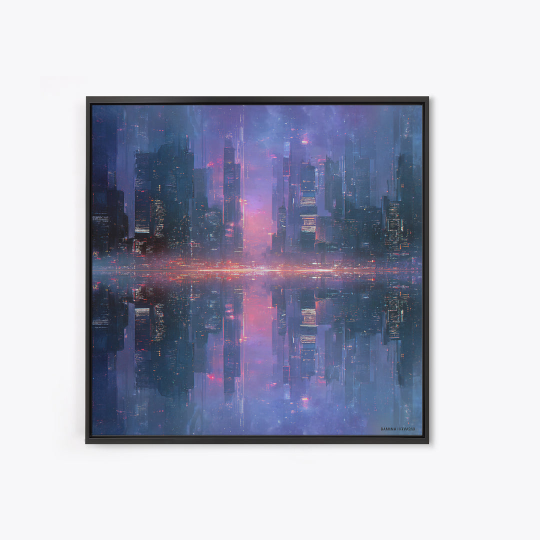 Monochrome City Skyline Reflected Framed Canvas Print, Black and White Art, Living Room Decor, Abstract Art, Monochrome, BAW-1x1-11