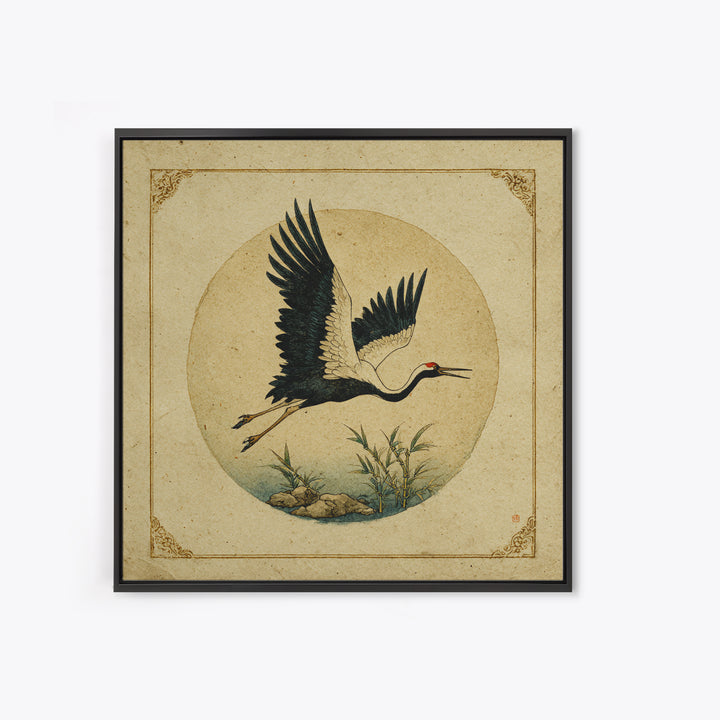 Black Ink Crane Flying Across Empty Sky Canvas Print, Black and White Art, Photo Prints, Living Room Decor, Watercolor Art, BAW-1x1-13