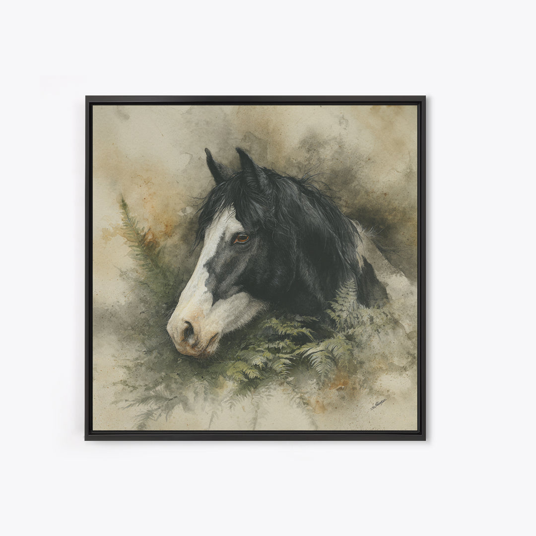 Black and White Wild Horse Portrait Framed Canvas Print, Black and White Art, Textured Painting, Living Room Decor, Monochrome, BAW-1x1-29
