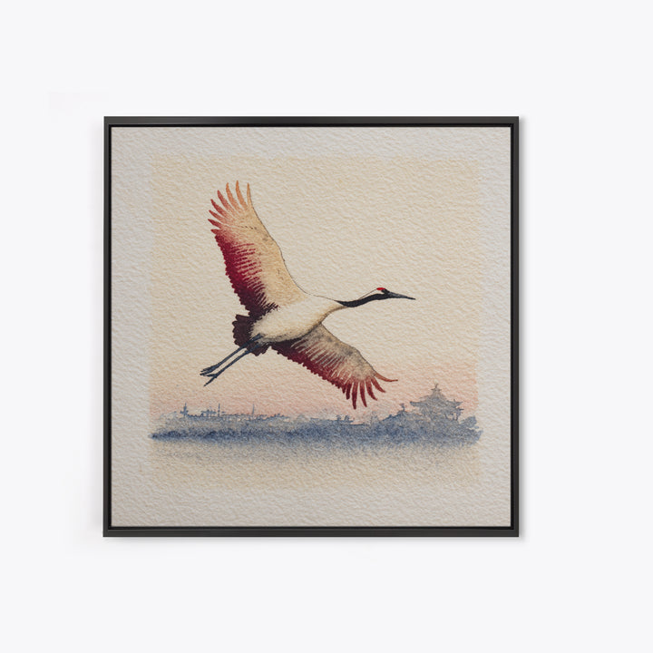 Black Ink Crane Flying Across Empty Sky Canvas Print, Black and White Art, Boho Decor, Living Room Decor, Monochrome, BAW-1x1-37