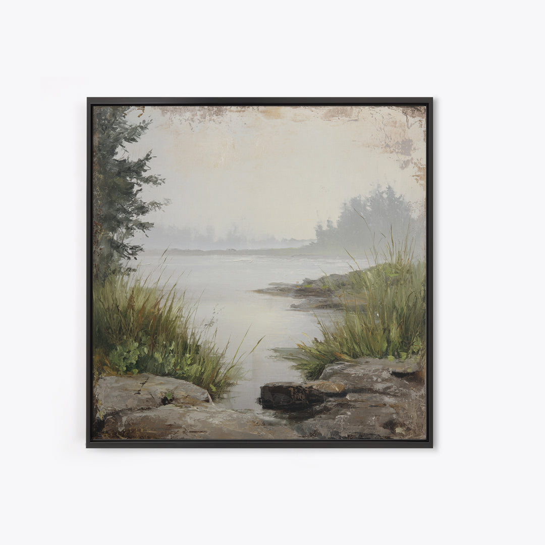 Misty Bridge Landscape Framed Canvas Print, Black and White Art, Modern Wall Art, Living Room Decor, Fine Art, Monochrome, BAW-1x1-43