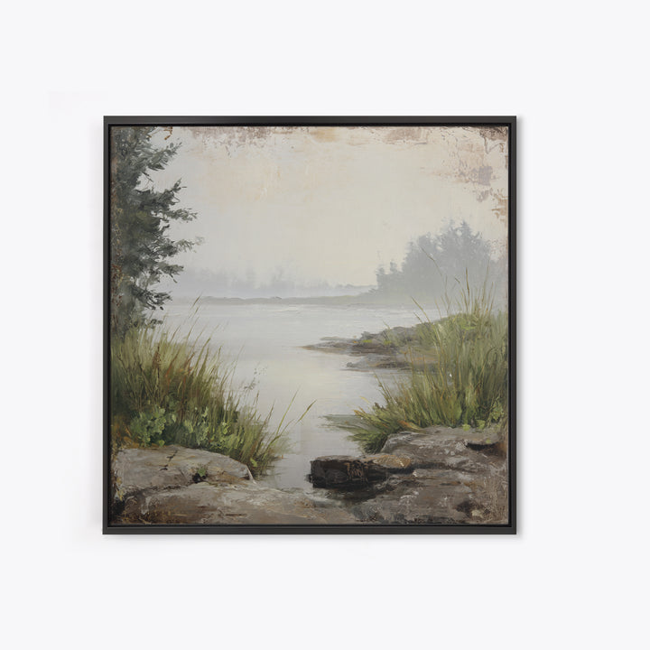 Misty Bridge Landscape Framed Canvas Print, Black and White Art, Modern Wall Art, Living Room Decor, Fine Art, Monochrome, BAW-1x1-43
