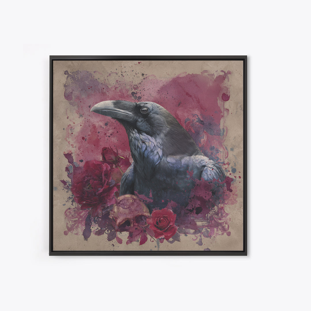 Ink Splatter Raven Composition Framed Canvas Print, Black and White Art, Printable Wall Art, Living Room Decor, Monochrome, BAW-1x1-44