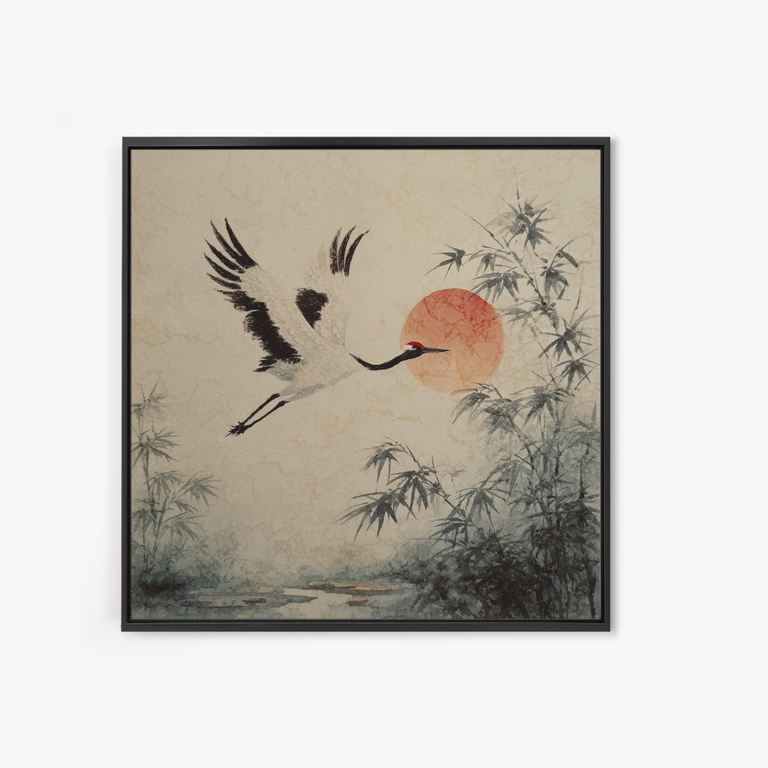 Black Ink Crane Flying Across Empty Sky Canvas Print, Black and White Art, Boho Decor, Living Room Decor, Monochrome, BAW-1x1-61