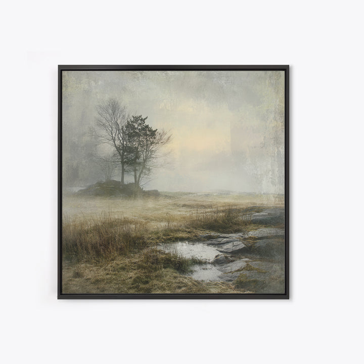 Moody Foggy Forest Framed Canvas Print, Black and White Art, Boho Decor, Living Room Decor, Monochrome, Halloween Decor, BAW-1x1-79