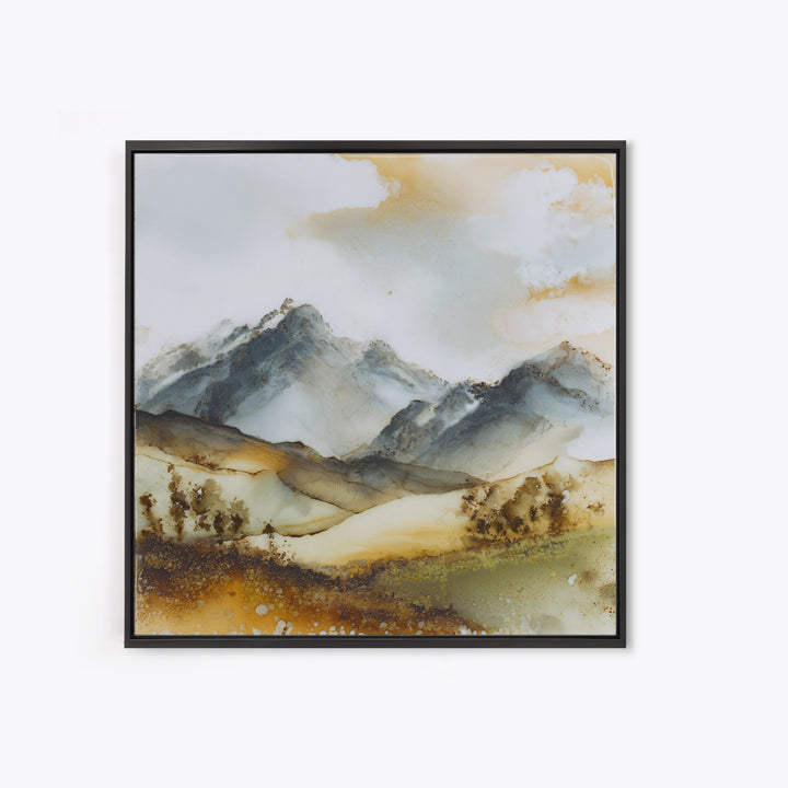 Black Ink Mountain Range Canvas Print, Black and White Art, Textured Painting, Living Room Decor, Watercolor Art, Monochrome, BAW-1x1-98