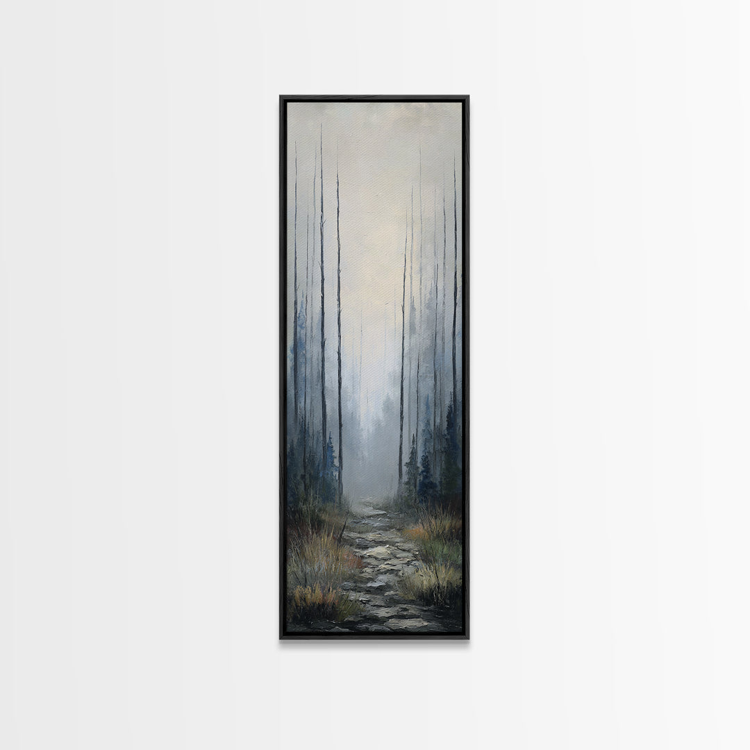 Moody Foggy Forest Framed Canvas Print, Black and White Art, Gothic Decor, Living Room Decor, Oil Painting, Monochrome, BAW-1x3-19
