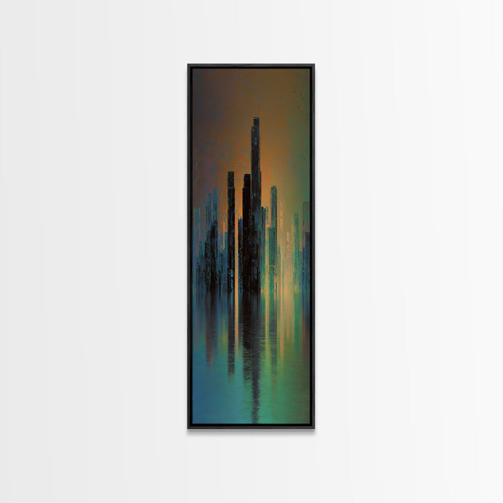 Monochrome City Skyline Reflected Canvas Print, Black and White Art, Living Room Decor, Abstract Art, Monochrome, BAW-1x3-23