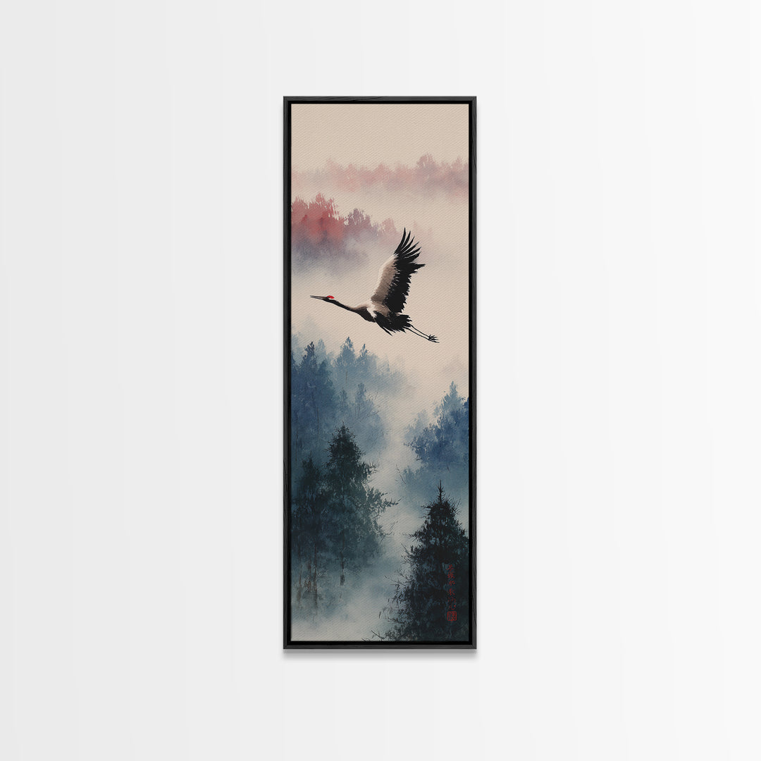Black Ink Crane Flying Across Empty Sky Canvas Print, Black and White Art, Printable, Living Room Decor, Fine Art, Monochrome, BAW-1x3-25