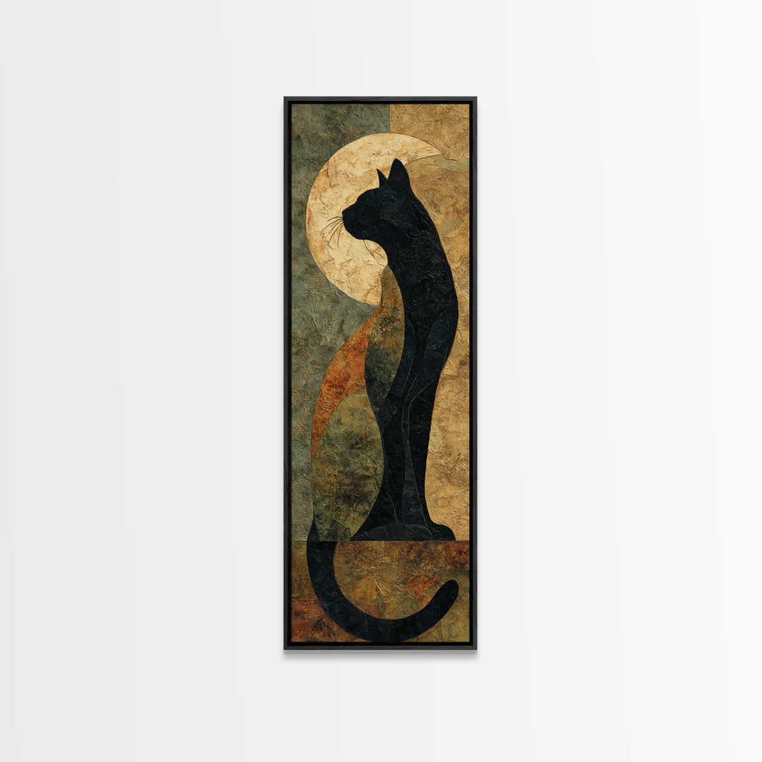 Black Cat Silhouette Canvas Print, Black and White Art, Digital Prints, Living Room Decor, Fine Art, Monochrome, Wood Wall Art, BAW-1x3-28