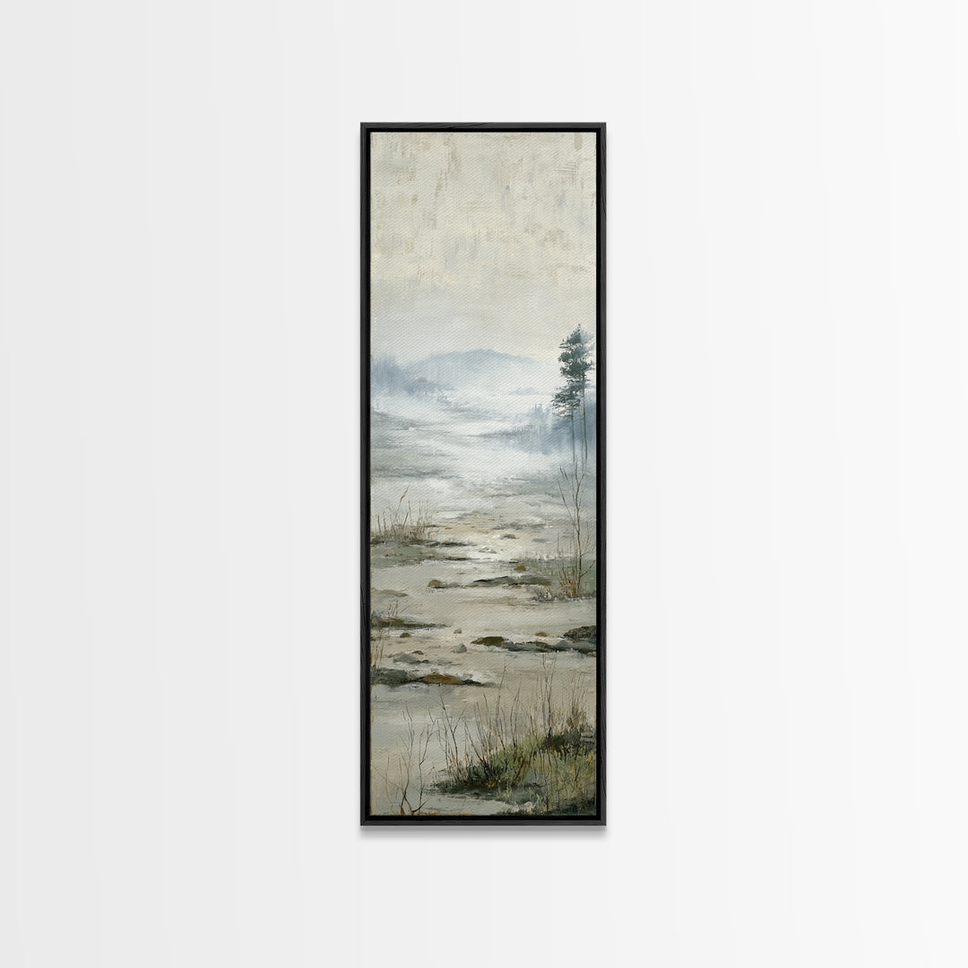 Misty Bridge Landscape Framed Canvas Print, Black and White Art, Abstract Art, Living Room Decor, Watercolor Art, Monochrome, BAW-1x3-31