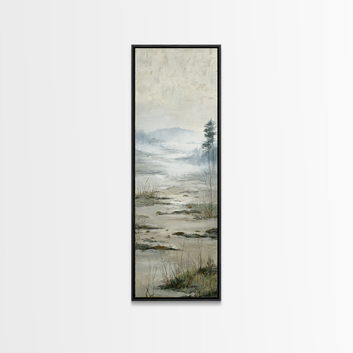 Misty Bridge Landscape Framed Canvas Print, Black and White Art, Abstract Art, Living Room Decor, Watercolor Art, Monochrome, BAW-1x3-31