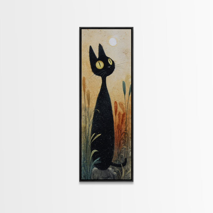 Black Cat Silhouette Framed Canvas Print, Black and White Art, Minimalist Decor, Living Room Decor, Fine Art, Monochrome, BAW-1x3-4