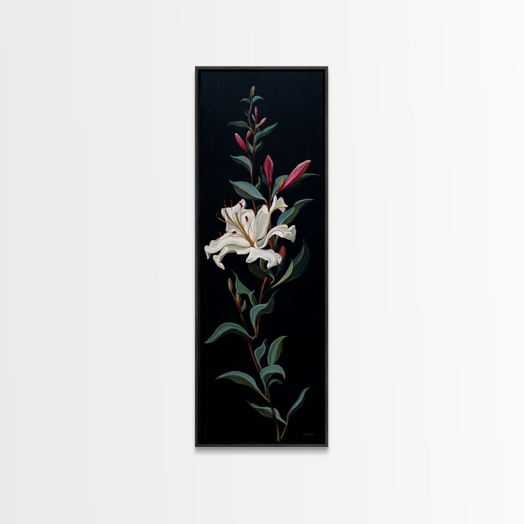 White Flower on Deep Black Background Canvas Print, Black and White Art, Digital Art, Living Room Decor, Watercolor Art, BAW-1x3-48