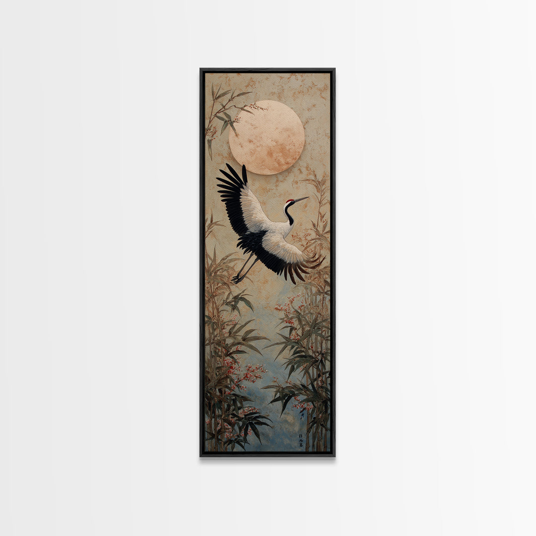 Black Ink Crane Flying Across Empty Sky Canvas Print, Black and White Art, Modern Decor, Living Room Decor, Monochrome, BAW-1x3-49