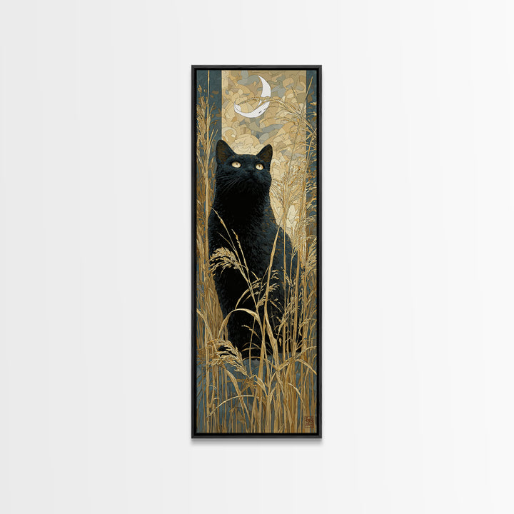 Black Cat Silhouette Framed Canvas Print, Black and White Art, Printable, Living Room Decor, Monochrome, Living Room Wall Art, BAW-1x3-52