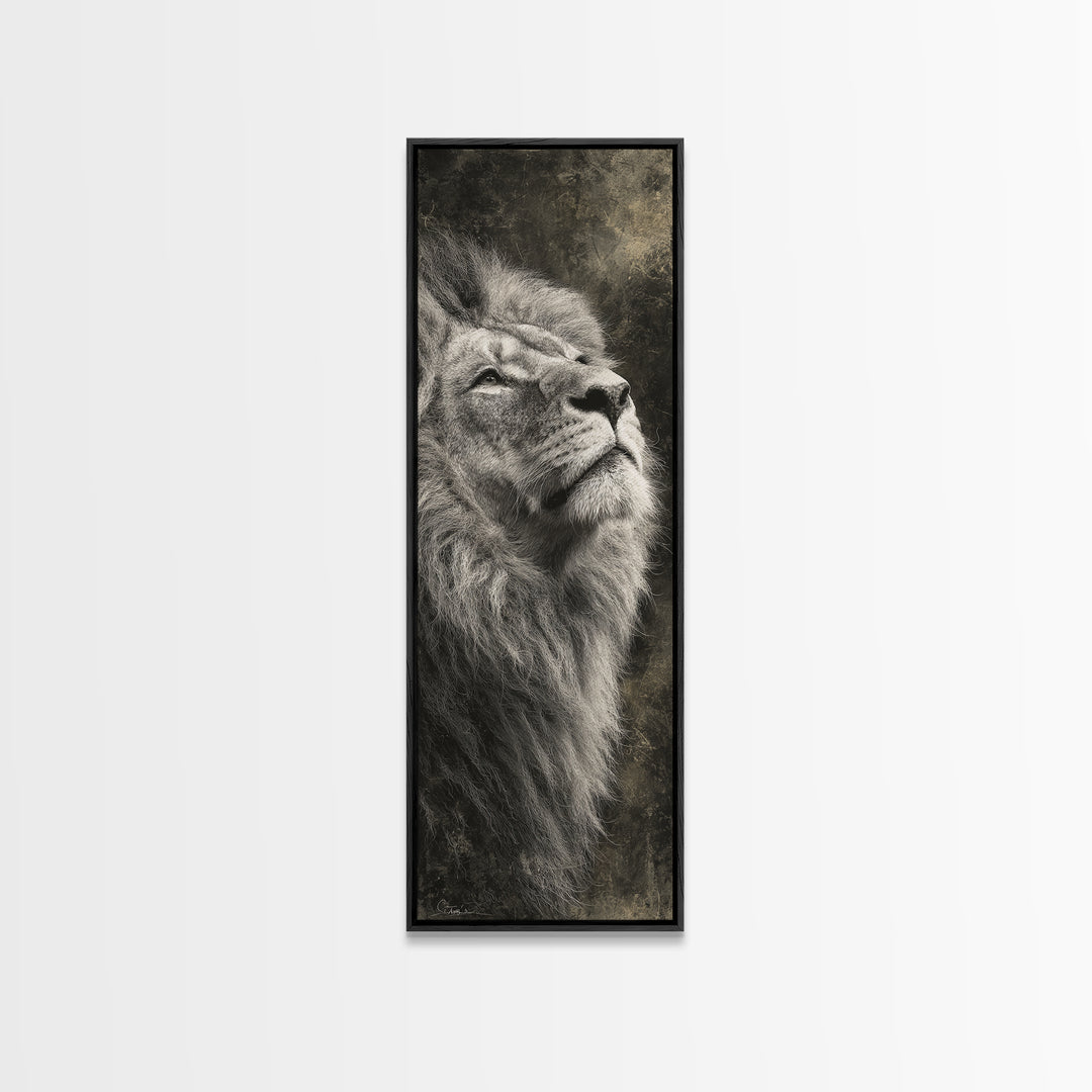 Dramatic Black and White Lion Portrait Canvas Print, Black and White Art, Textured Painting, Living Room Decor, Monochrome, BAW-1x3-53